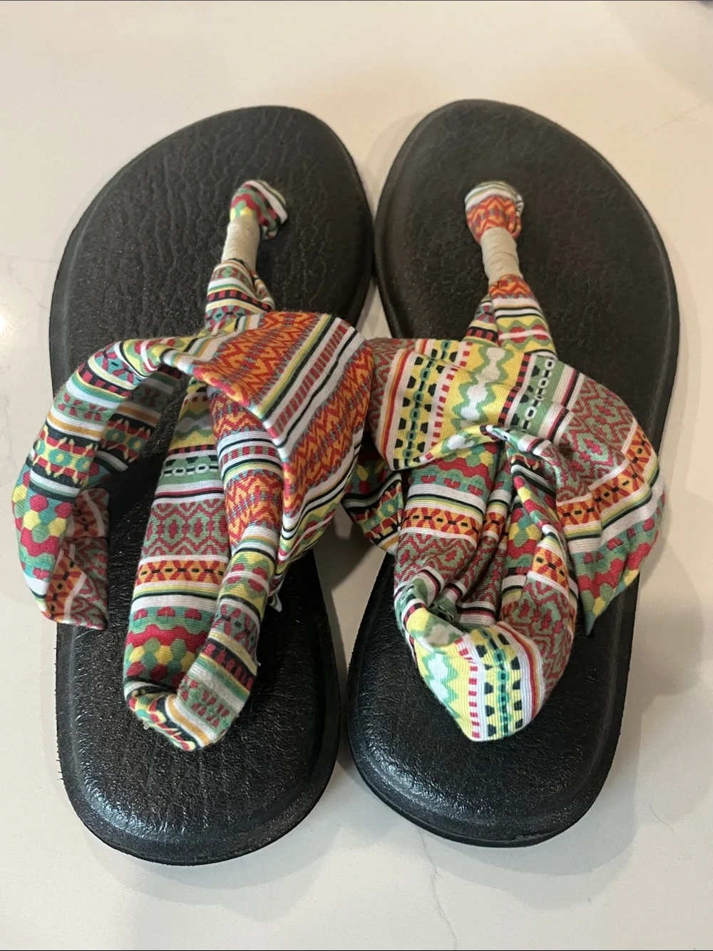 Sanuk Black Sandals with Colorful Patterned Fabric Straps